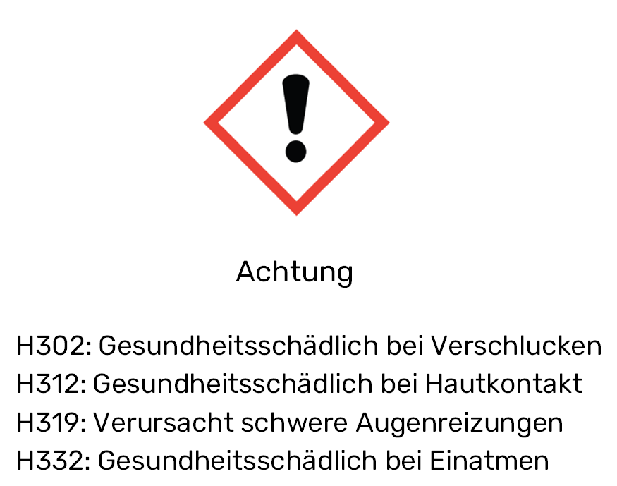 Warnsymbol mit rotem Ausrufezeichen und Hinweisen: Gesundheitsschädlich beim Verschlucken, Hautkontakt und Einatmen, verursacht Augenreizungen, Sicherheitsinformation für Acid Berlin Produkte.