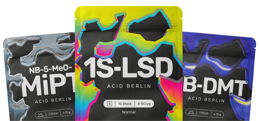 Hero-Bild mit Verpackungen von 1S LSD, NB DMT und NB-5-MeO-MiPT